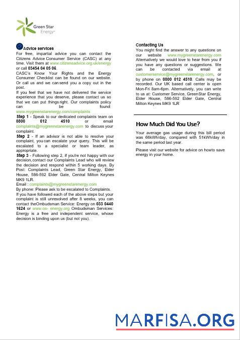 Printable United Kingdom Green Star Energy energy business utility bill Word and PDF formats, 3 pages 3 example